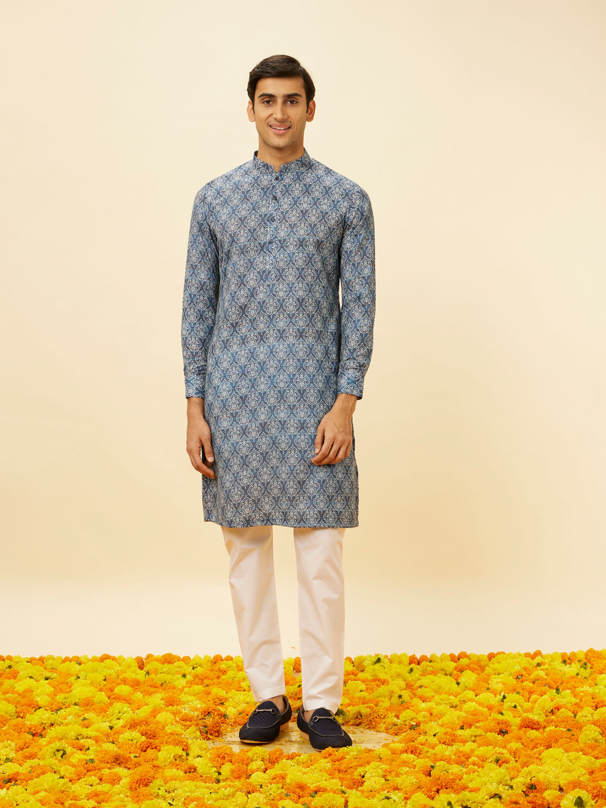 Manyavar Men Royal Blue Shankh Motif Printed Kurta Set