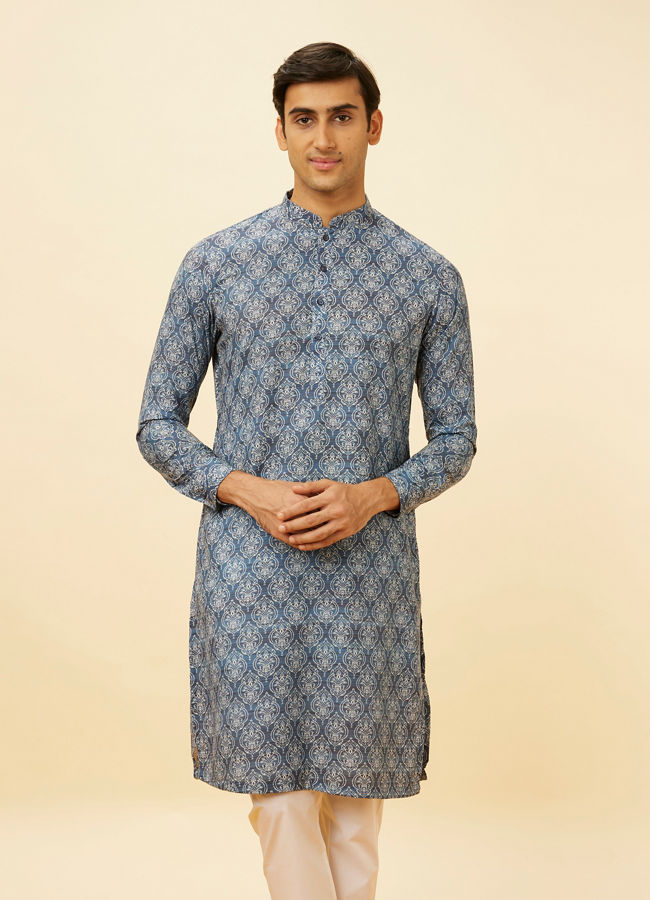 Manyavar Men Royal Blue Shankh Motif Printed Kurta Set