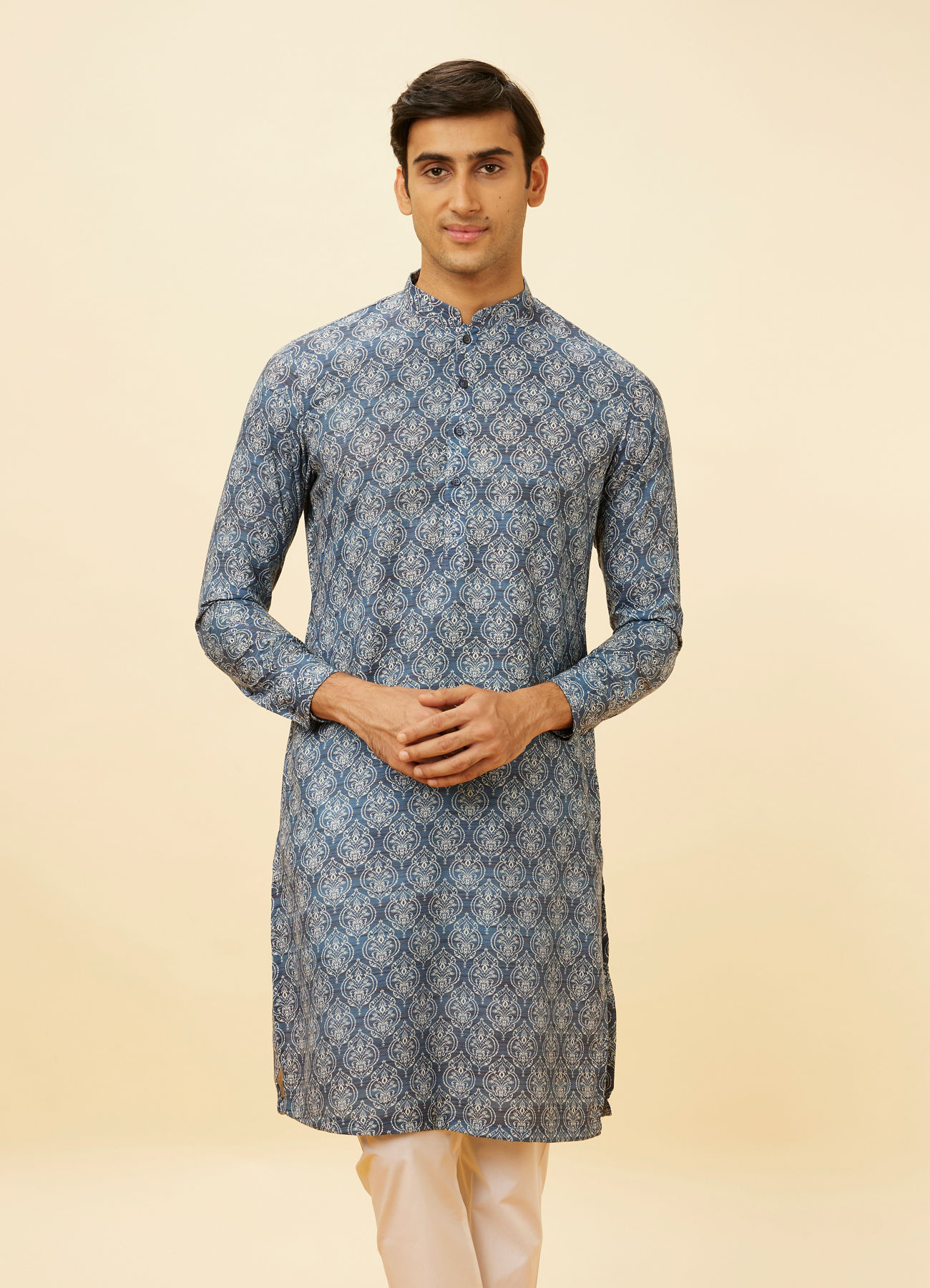 Manyavar Men Royal Blue Shankh Motif Printed Kurta Set