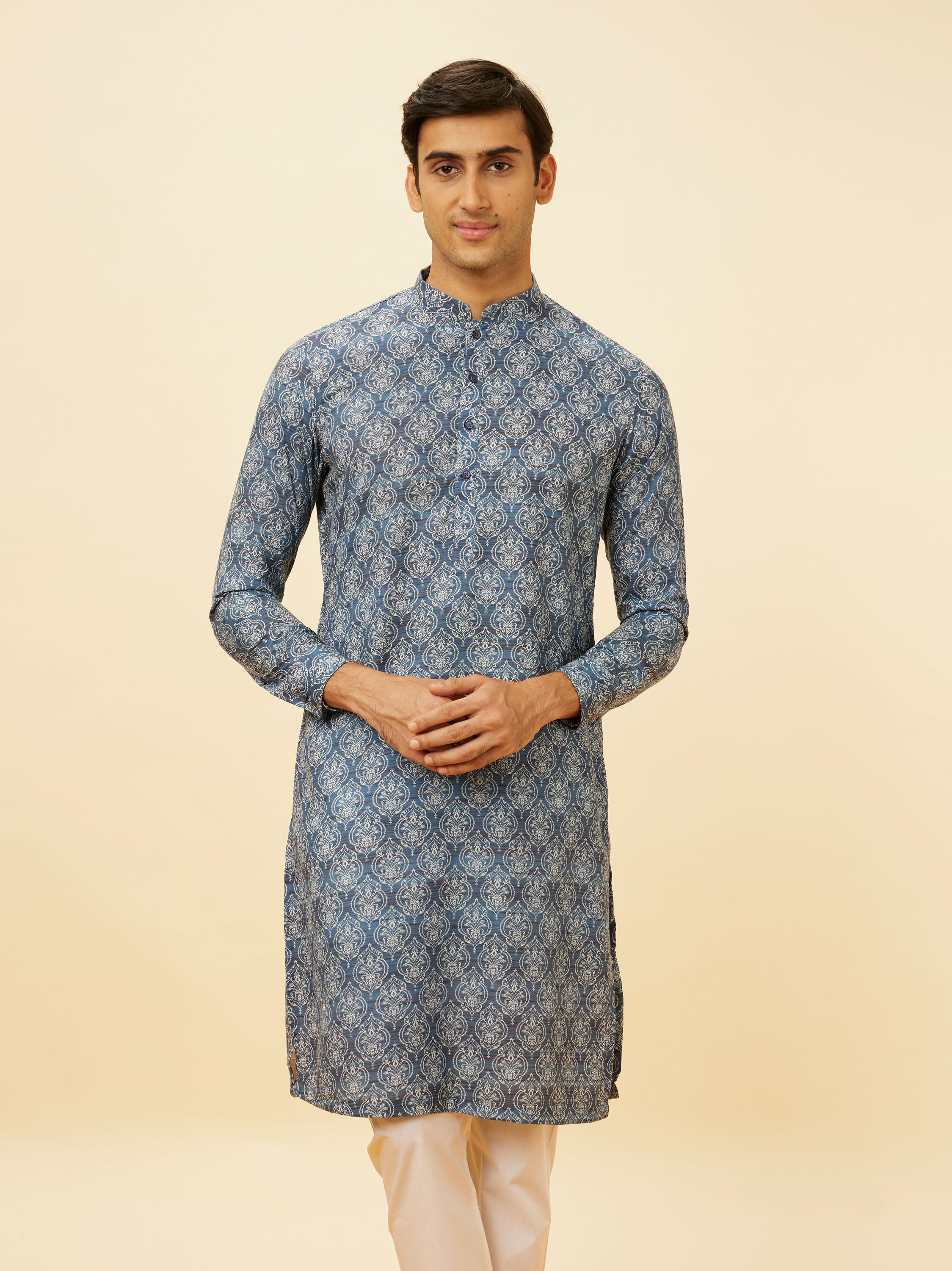 Manyavar Men Royal Blue Shankh Motif Printed Kurta Set