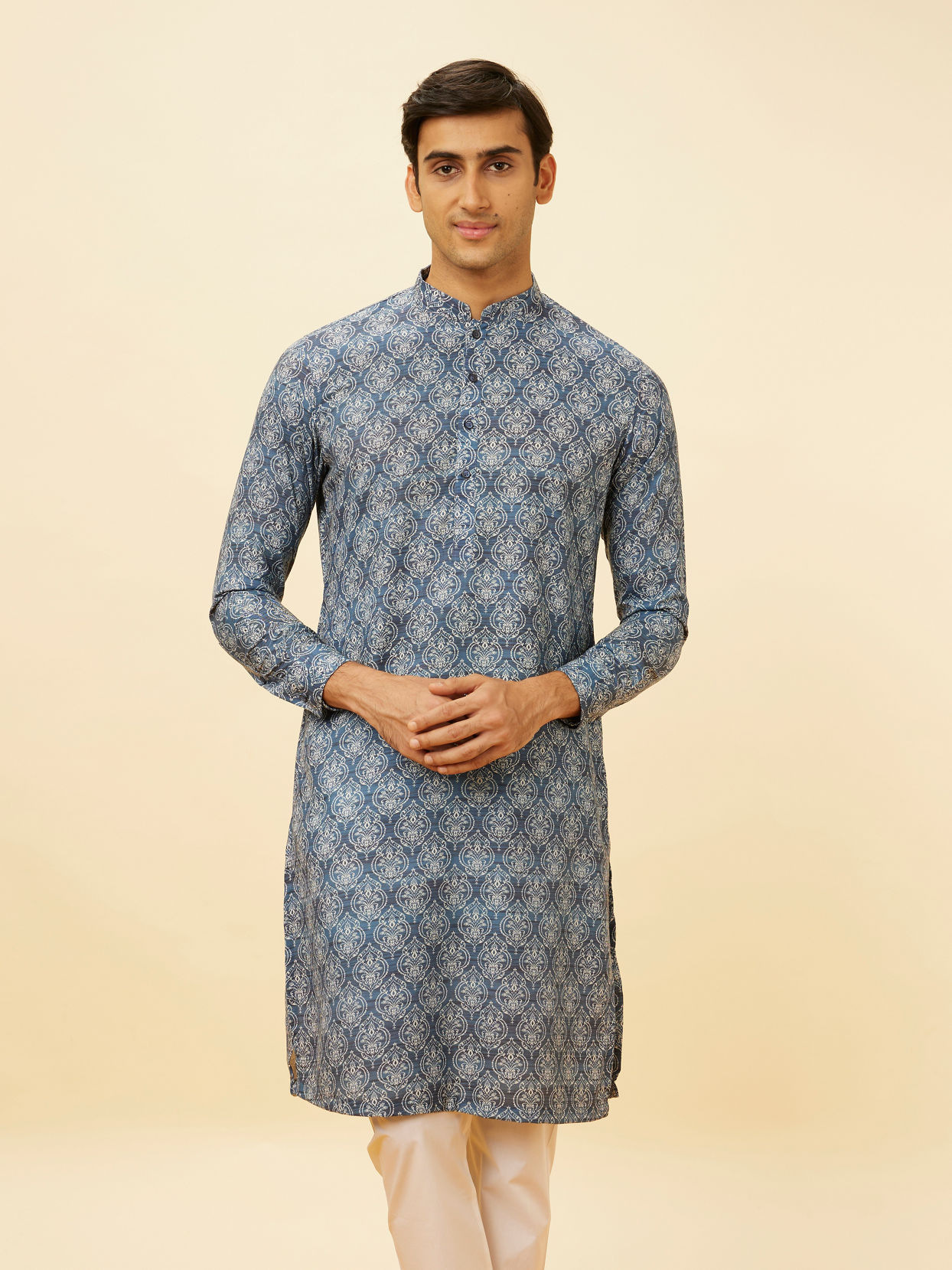 Manyavar Men Royal Blue Shankh Motif Printed Kurta Set