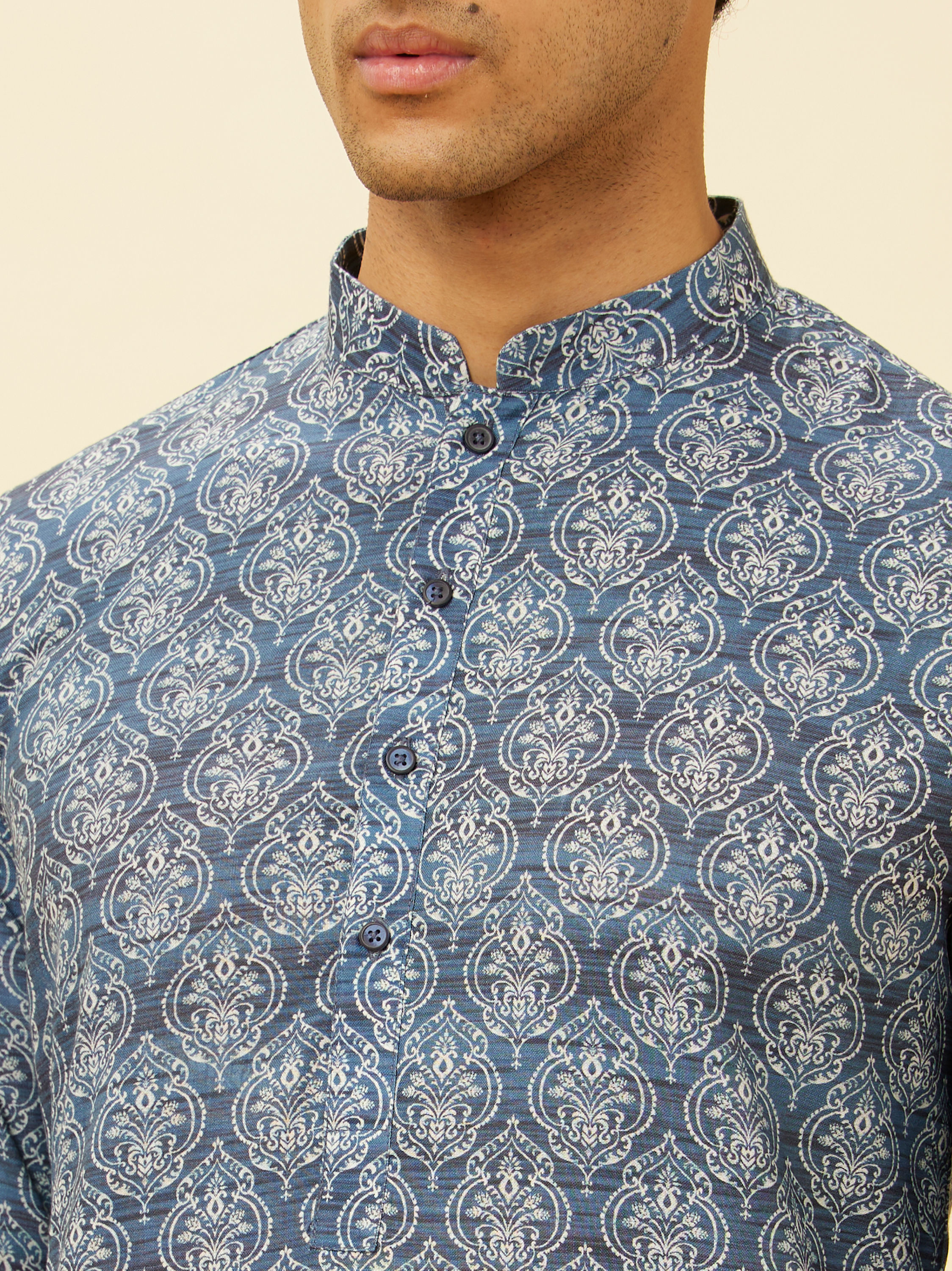 Manyavar Men Royal Blue Shankh Motif Printed Kurta Set