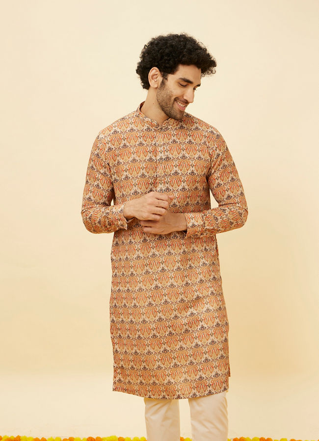 alt message - Manyavar Men Rust Batik Inspired Printed Kurta Set image number 0