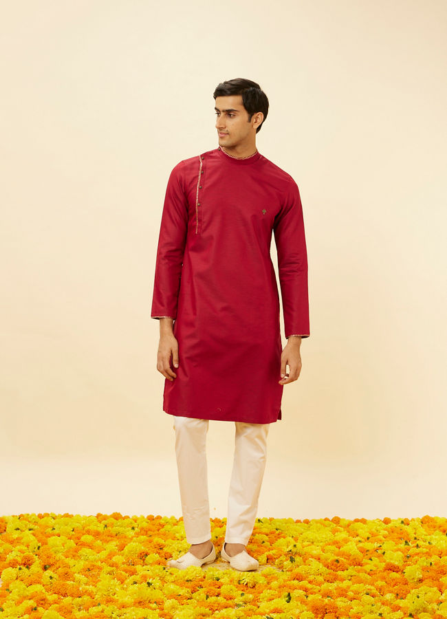 Manyavar Men Chili Pepper Red Angrakha Kurta Set