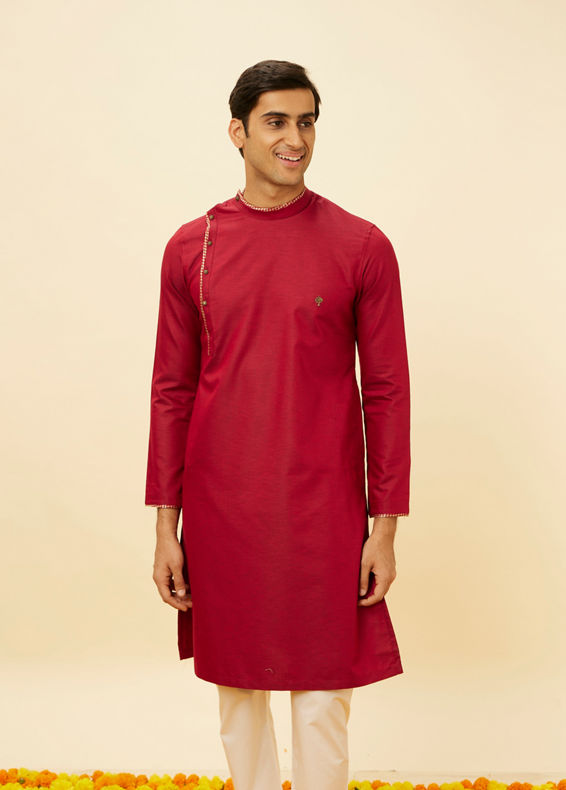 Manyavar Men Chili Pepper Red Angrakha Kurta Set