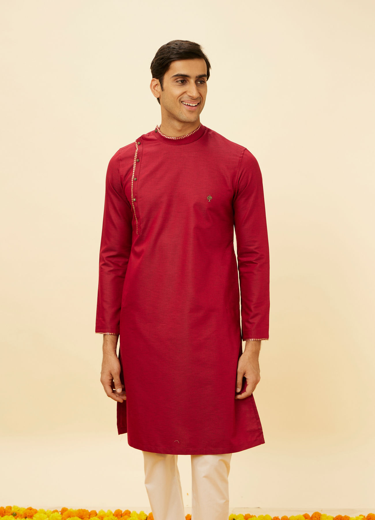 Manyavar Men Chili Pepper Red Angrakha Kurta Set