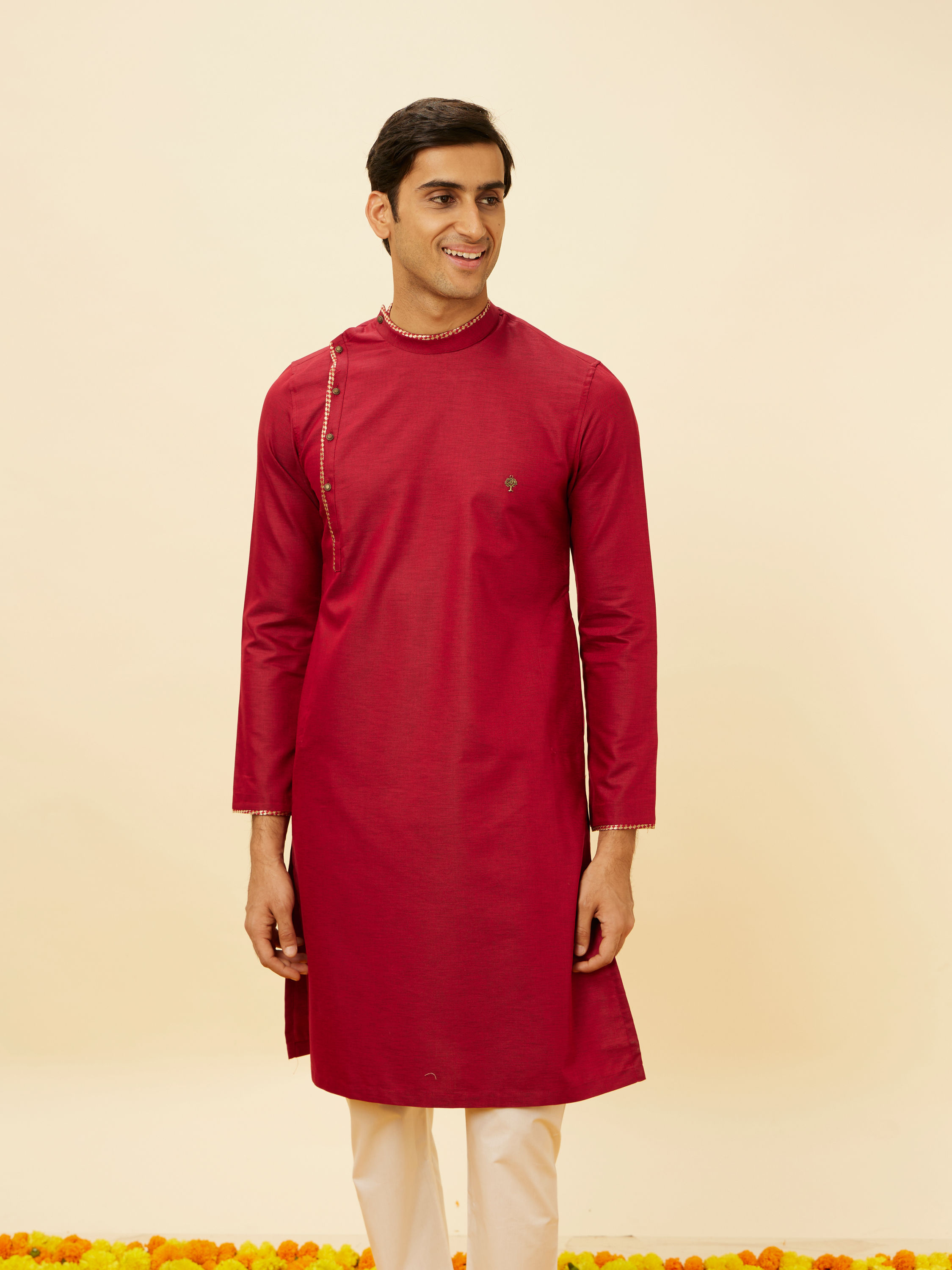 Manyavar Men Chili Pepper Red Angrakha Kurta Set