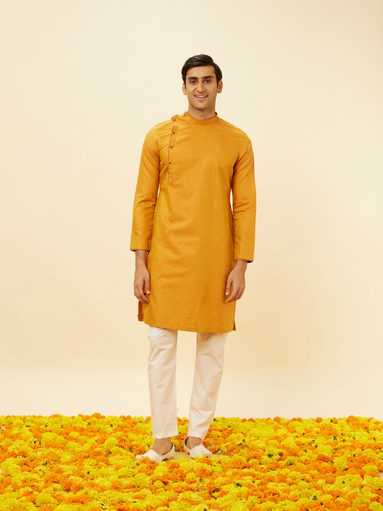 alt message - Manyavar Men Mustard Yellow Angrakha Style Kurta Set image number 2