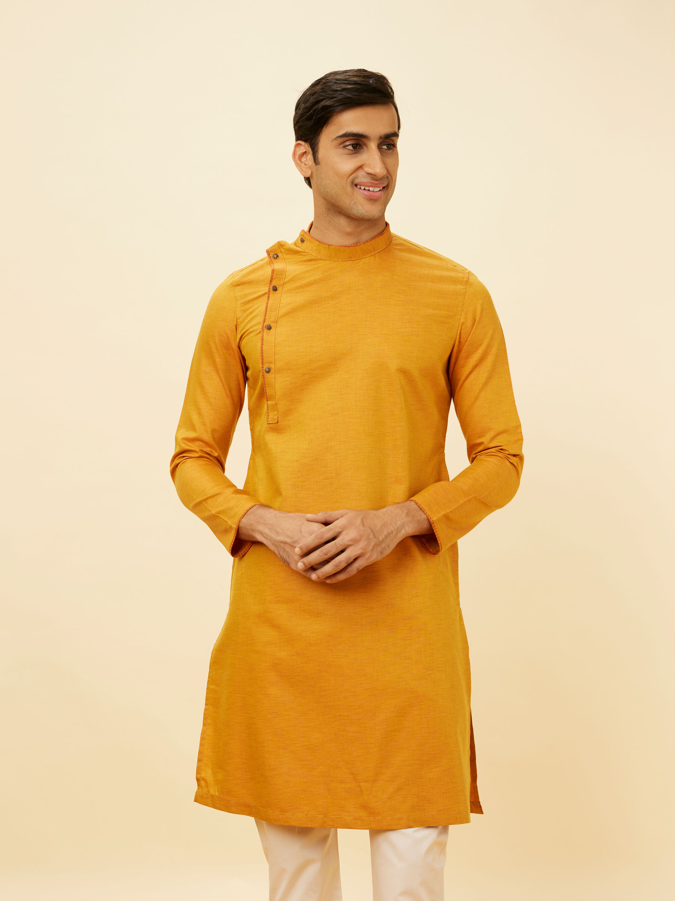 Manyavar Men Mustard Yellow Angrakha Style Kurta Set