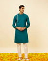 alt message - Manyavar Men Teal Green Angrakha Kurta Set image number 2