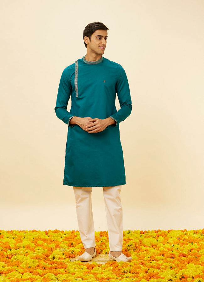 alt message - Manyavar Men Teal Green Angrakha Kurta Set image number 2