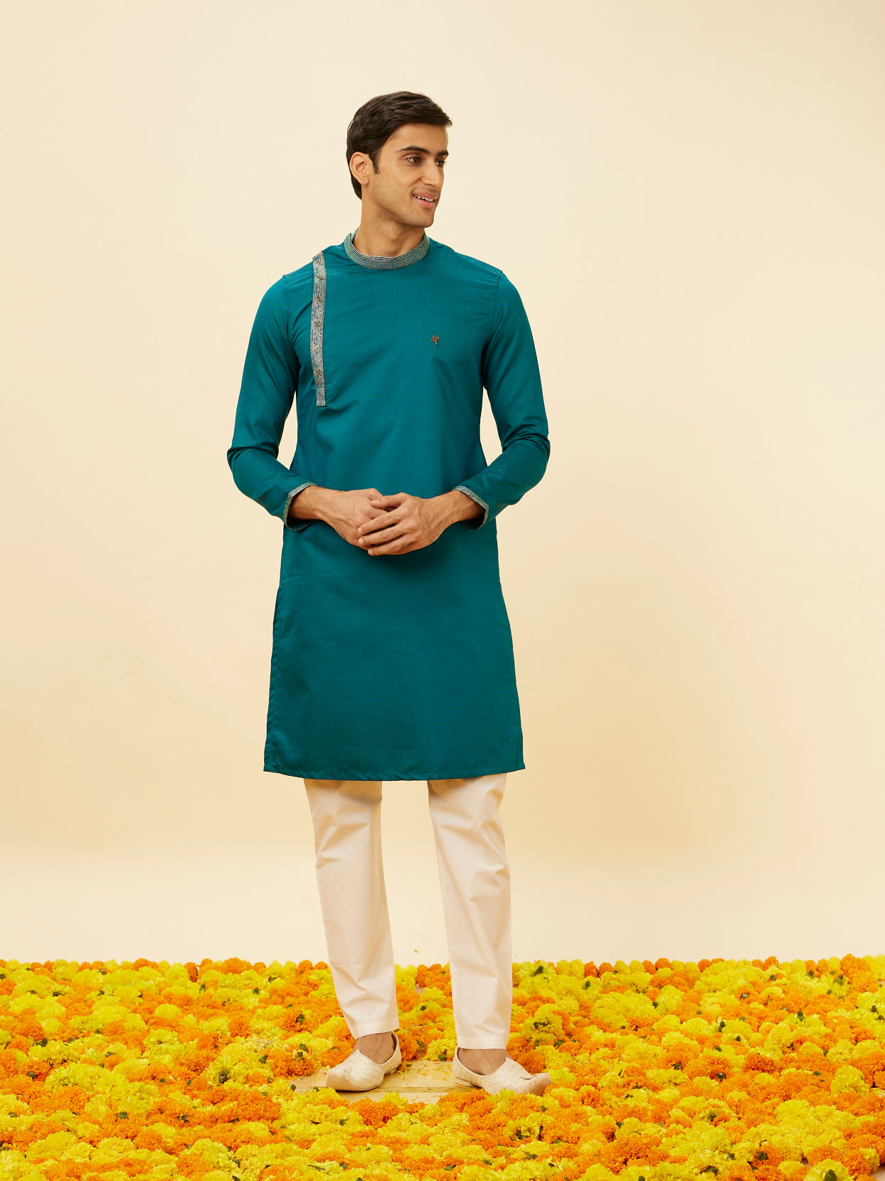 alt message - Manyavar Men Teal Green Angrakha Kurta Set image number 2