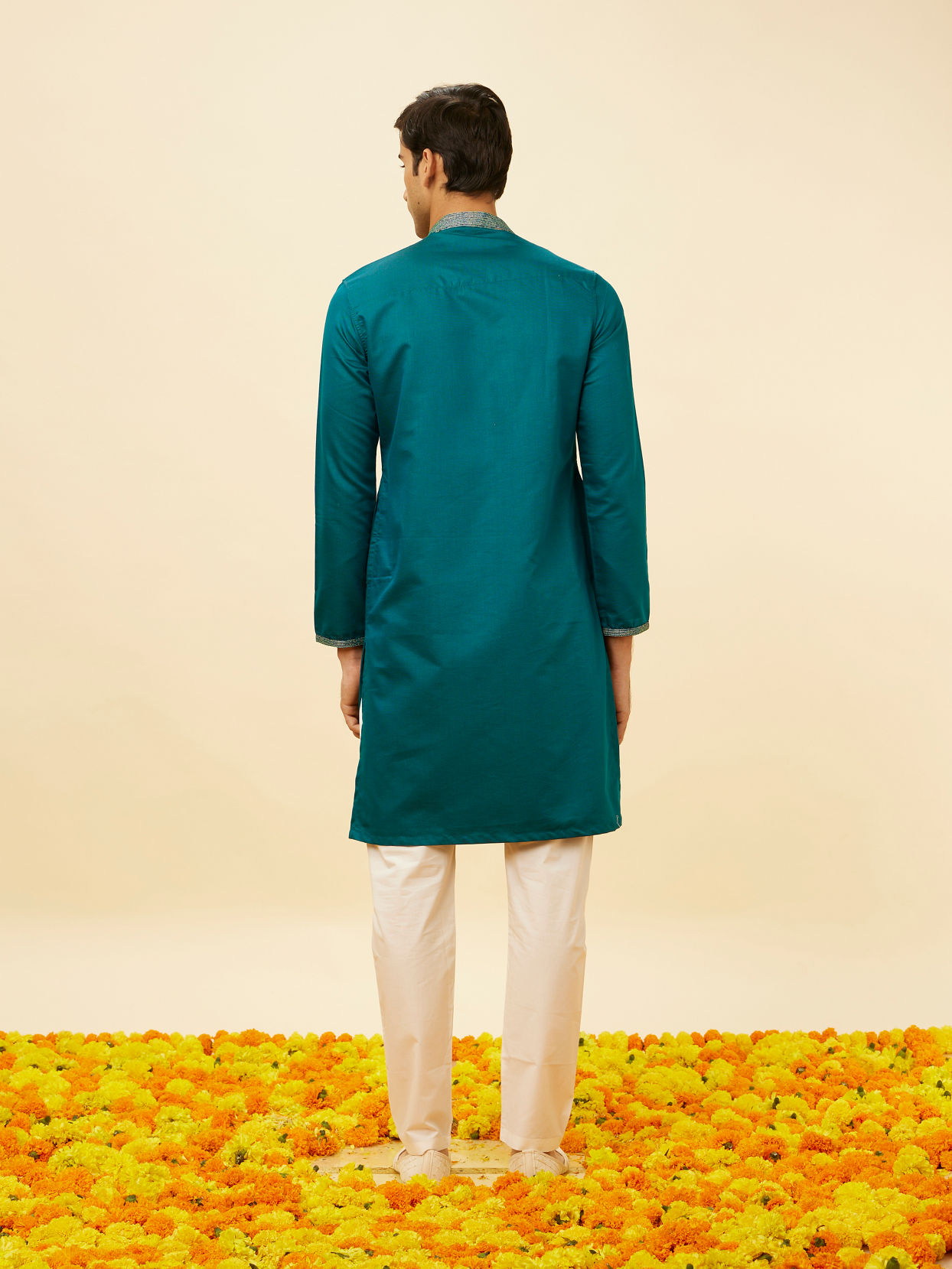 alt message - Manyavar Men Teal Green Angrakha Kurta Set image number 5