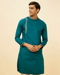 Manyavar Men Teal Green Angrakha Kurta Set