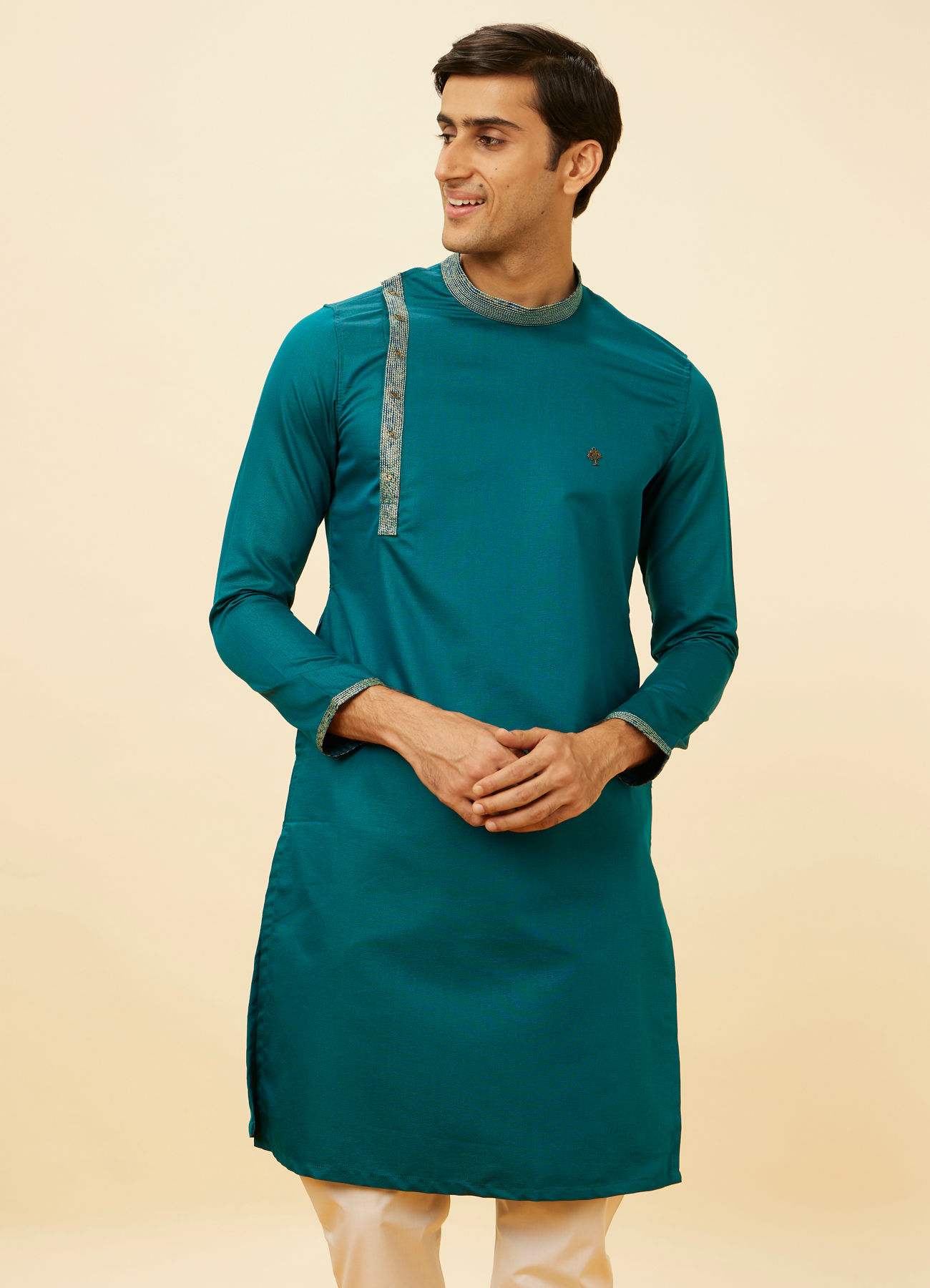 Manyavar Men Teal Green Angrakha Kurta Set