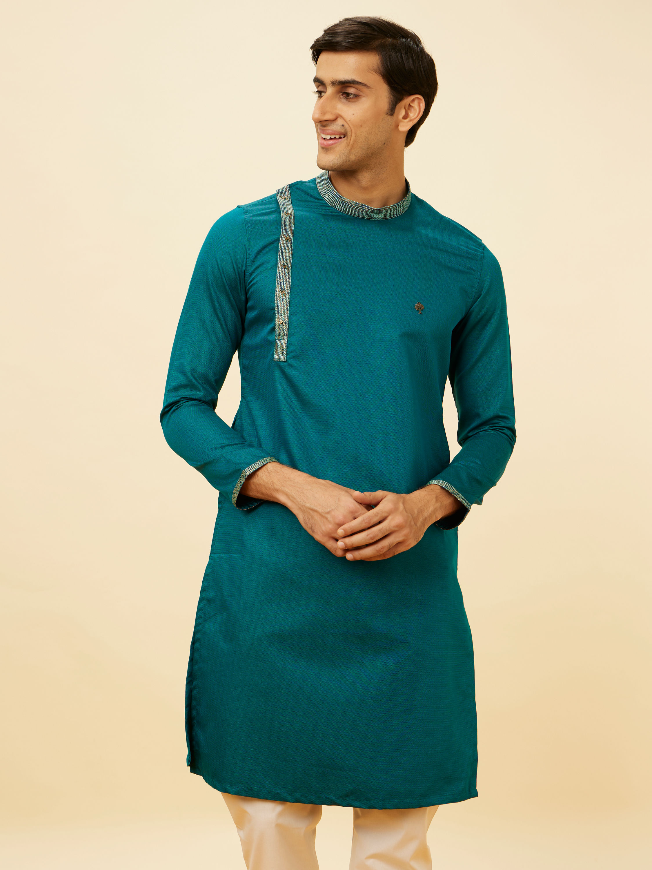 Manyavar Men Teal Green Angrakha Kurta Set