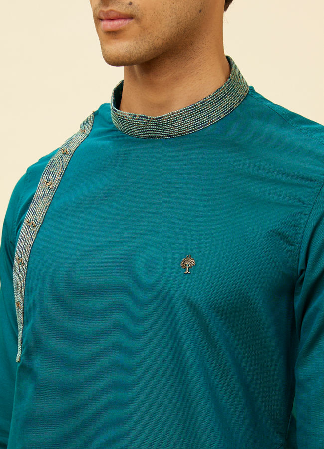 alt message - Manyavar Men Teal Green Angrakha Kurta Set image number 1