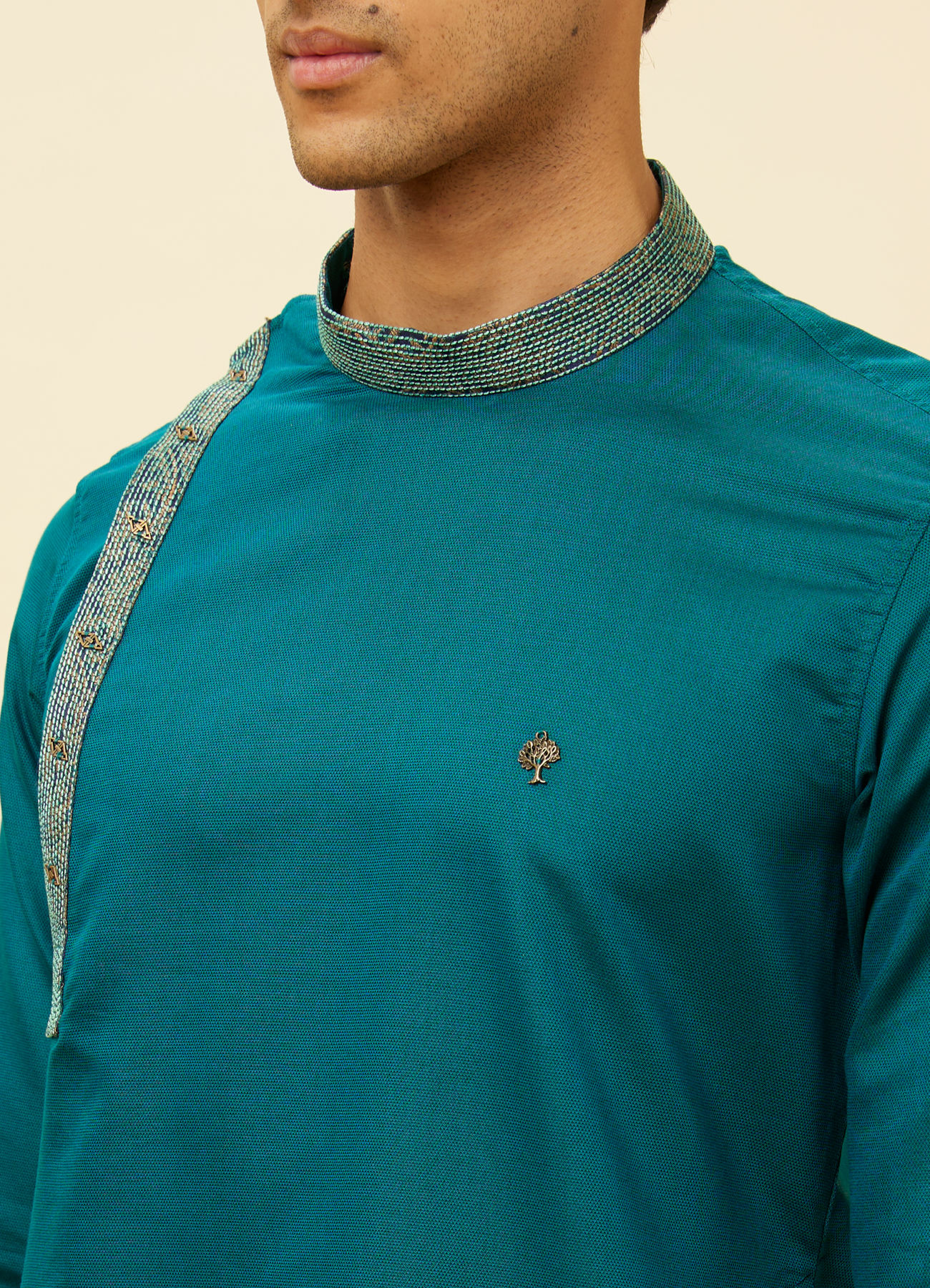 Manyavar Men Teal Green Angrakha Kurta Set