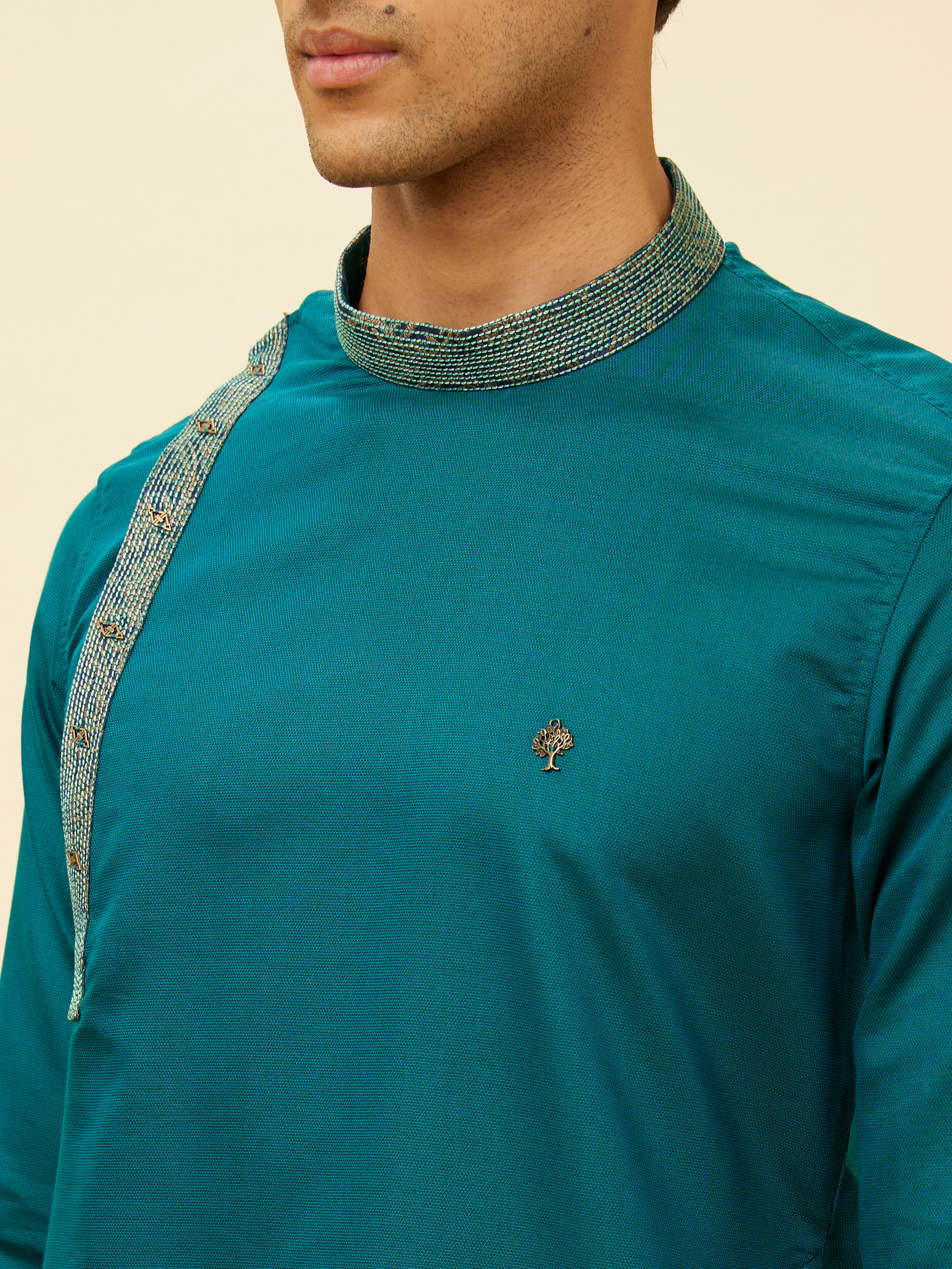 Manyavar Men Teal Green Angrakha Kurta Set