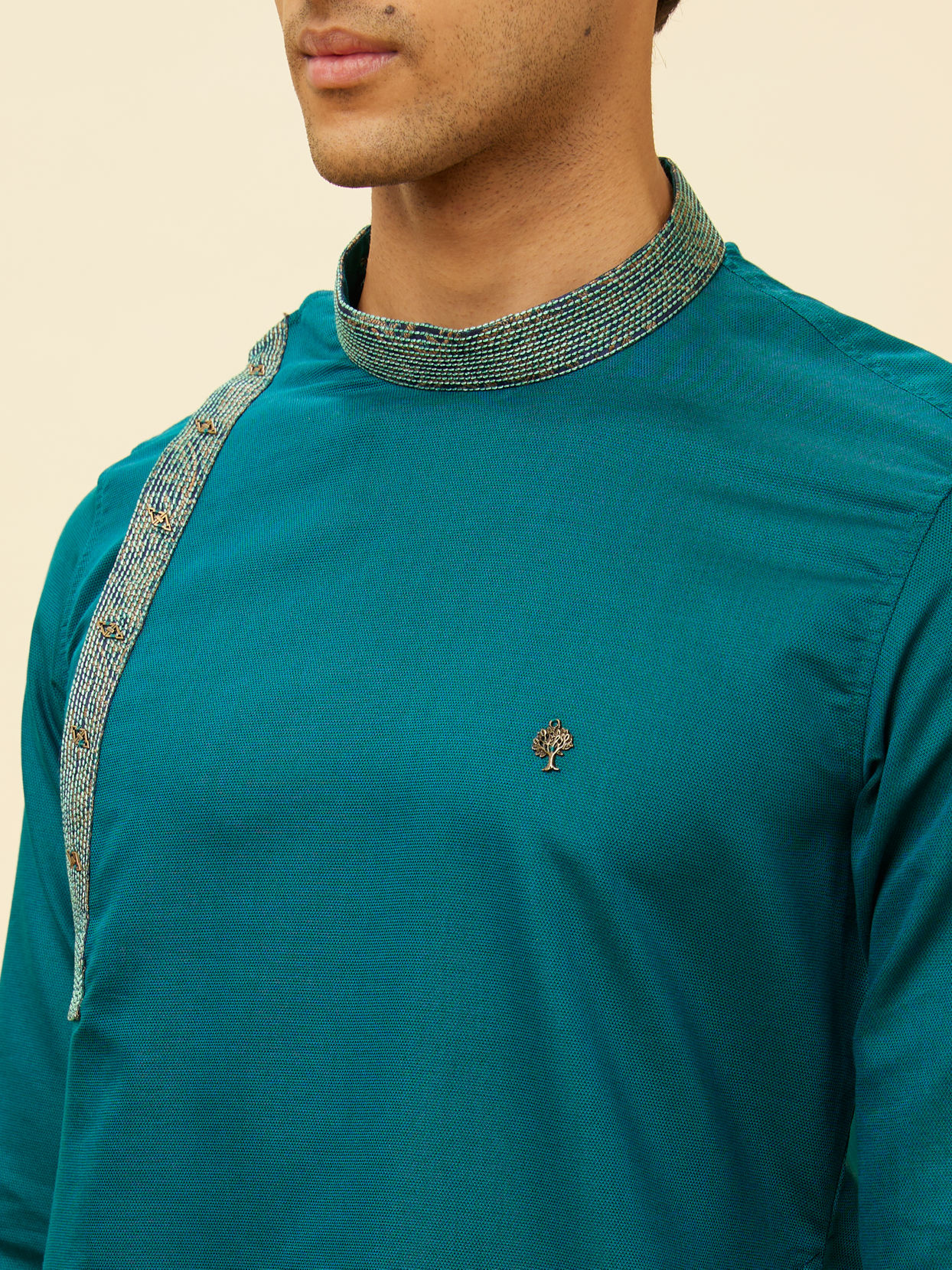 alt message - Manyavar Men Teal Green Angrakha Kurta Set image number 1