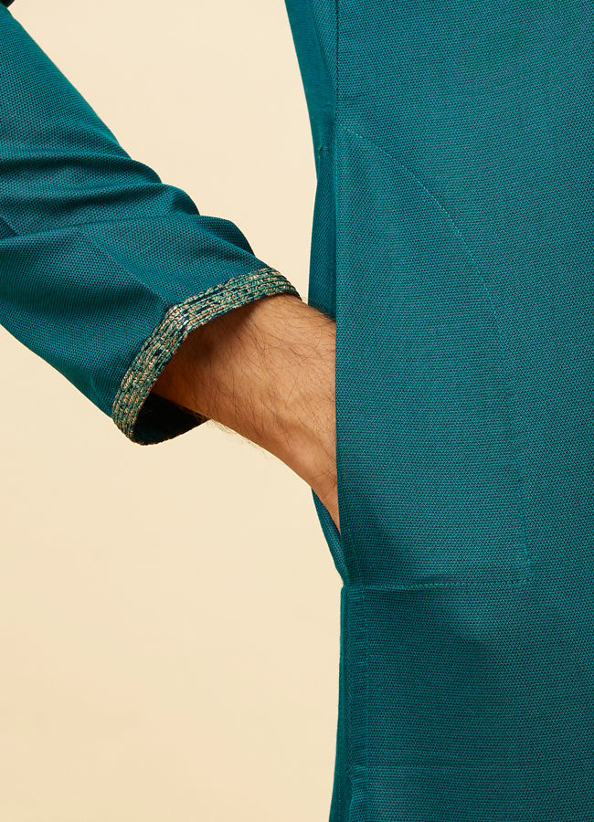 alt message - Manyavar Men Teal Green Angrakha Kurta Set image number 3