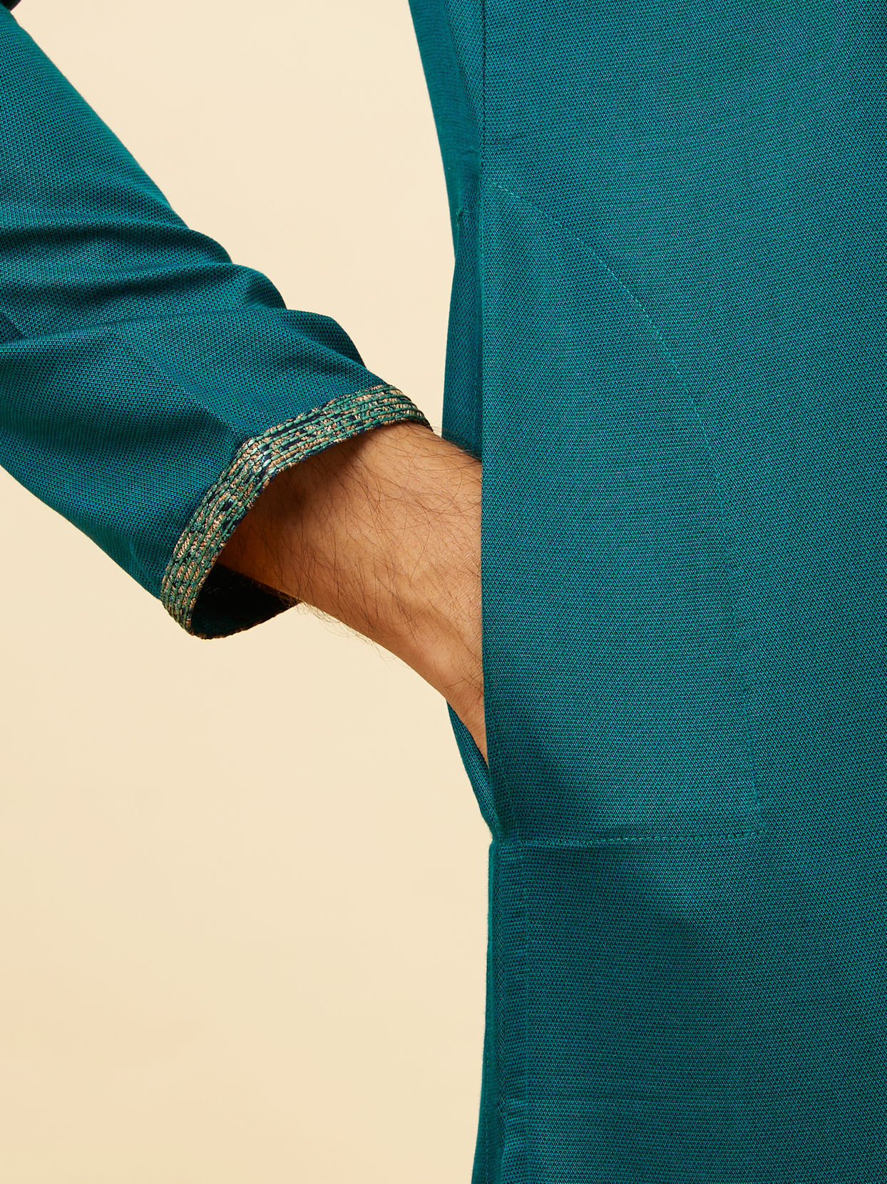 alt message - Manyavar Men Teal Green Angrakha Kurta Set image number 3