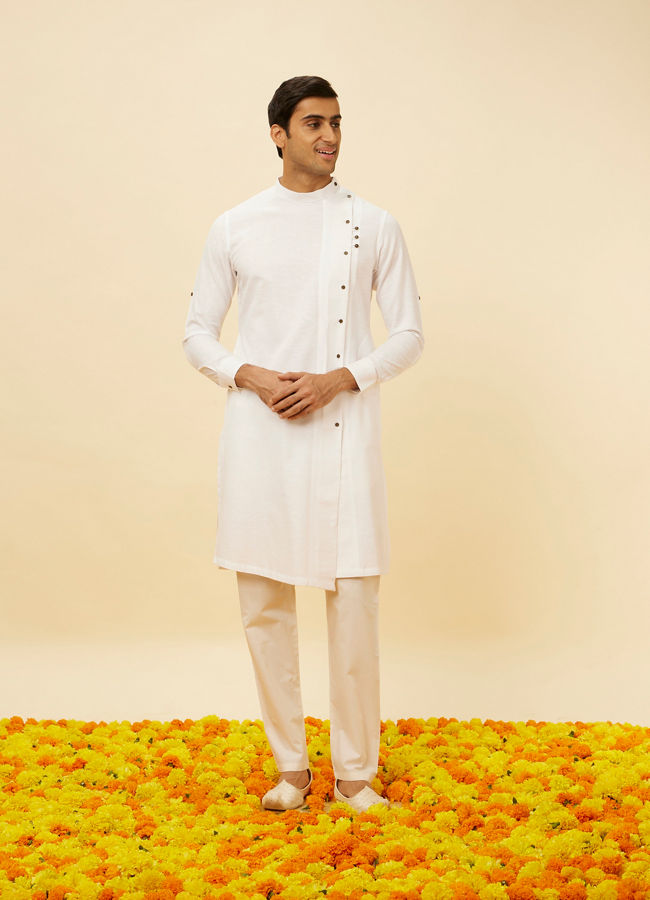 alt message - Manyavar Men Pristine White Angrakha Kurta Set image number 2