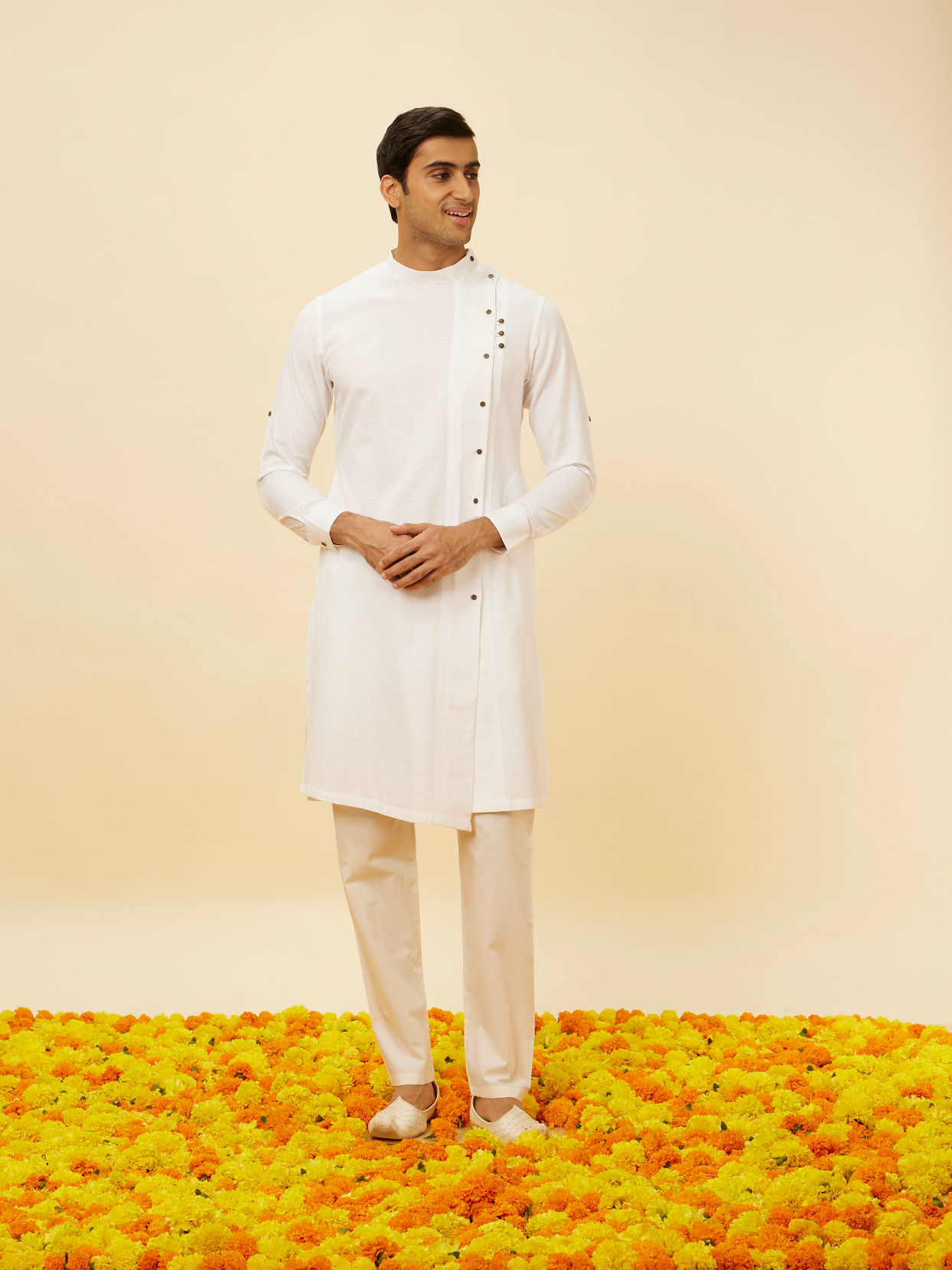 alt message - Manyavar Men Pristine White Angrakha Kurta Set image number 2