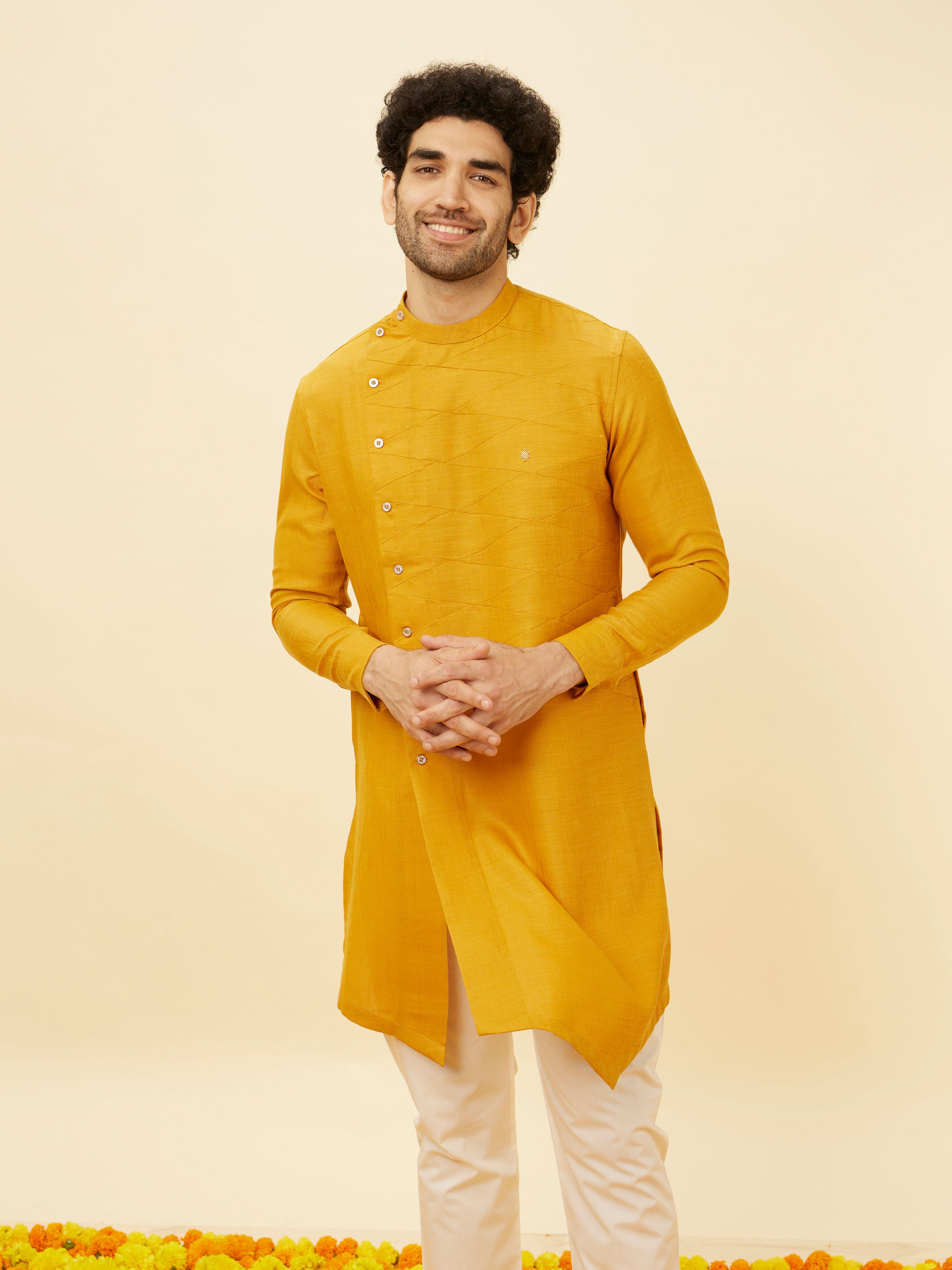 Manyavar Men Tangerine Orange Angrakha Kurta Set