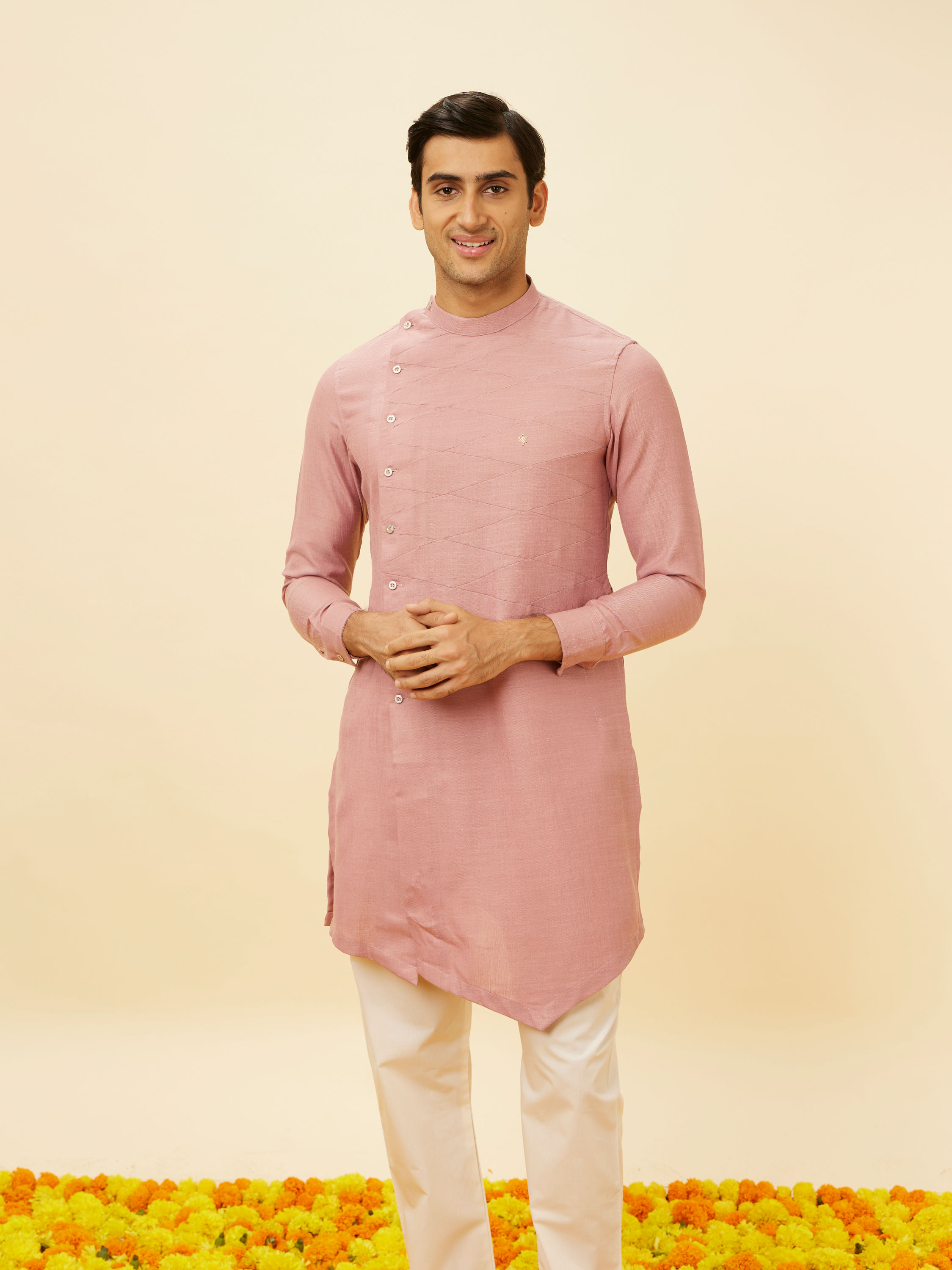 Manyavar Men Quartz Pink Angrakha Kurta Set