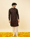 Manyavar Men Kohl Black Angrakha Style Floral Printed Kurta Set