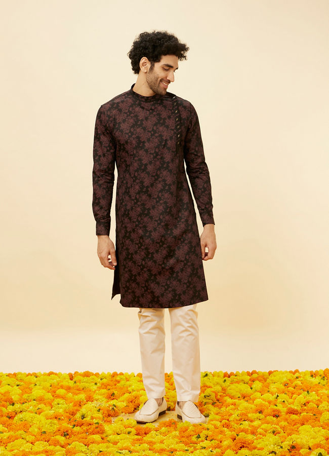 Manyavar Men Kohl Black Angrakha Style Floral Printed Kurta Set
