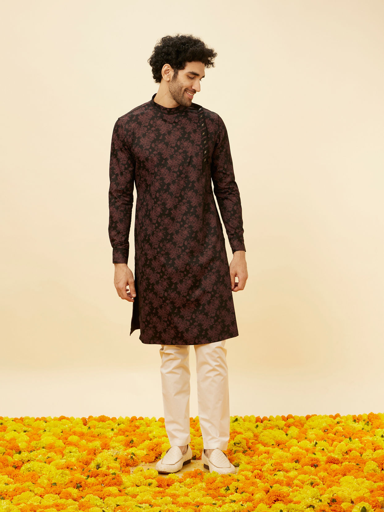 Manyavar Men Kohl Black Angrakha Style Floral Printed Kurta Set