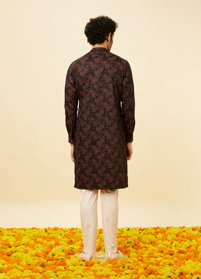 Manyavar Men Kohl Black Angrakha Style Floral Printed Kurta Set
