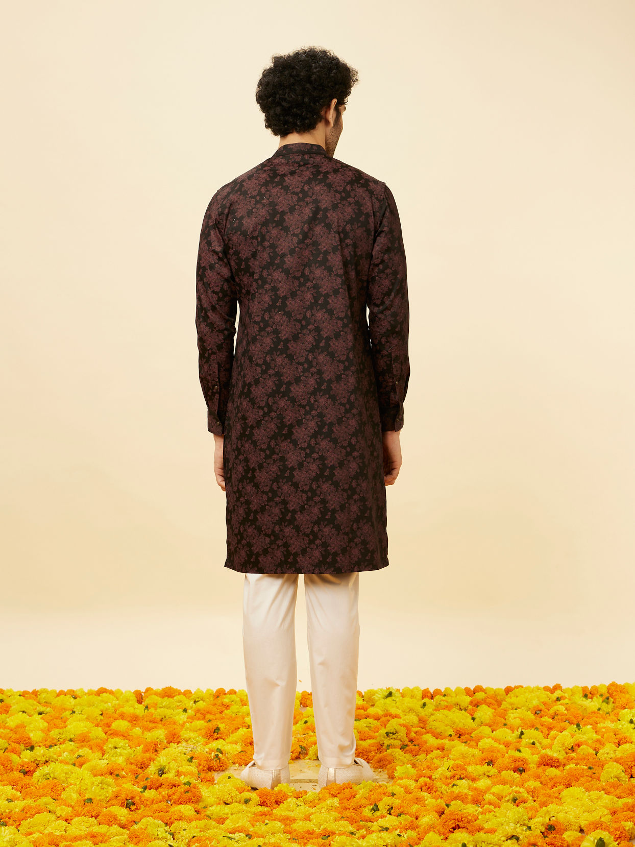 Manyavar Men Kohl Black Angrakha Style Floral Printed Kurta Set