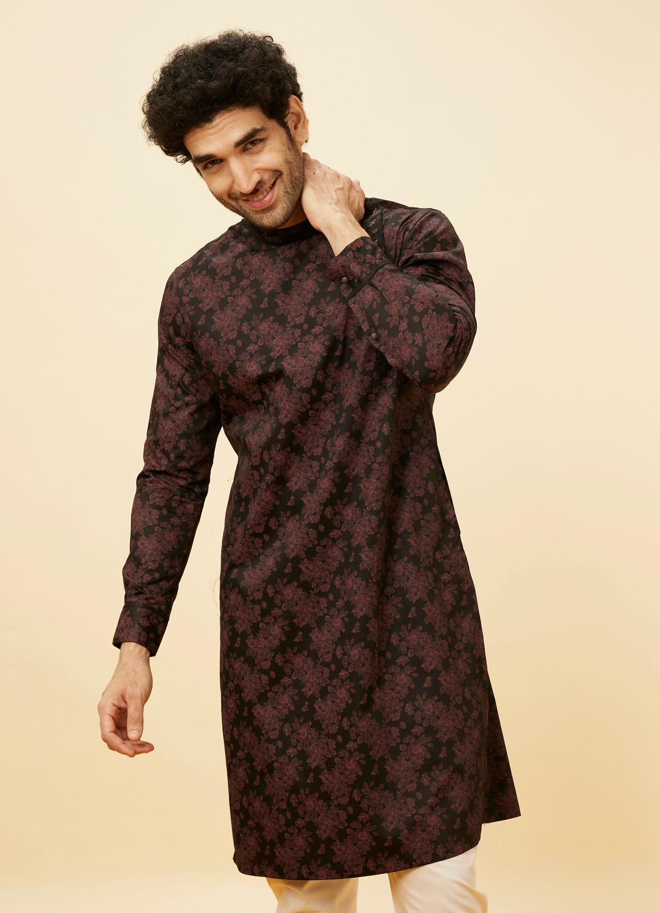 Manyavar Men Kohl Black Angrakha Style Floral Printed Kurta Set