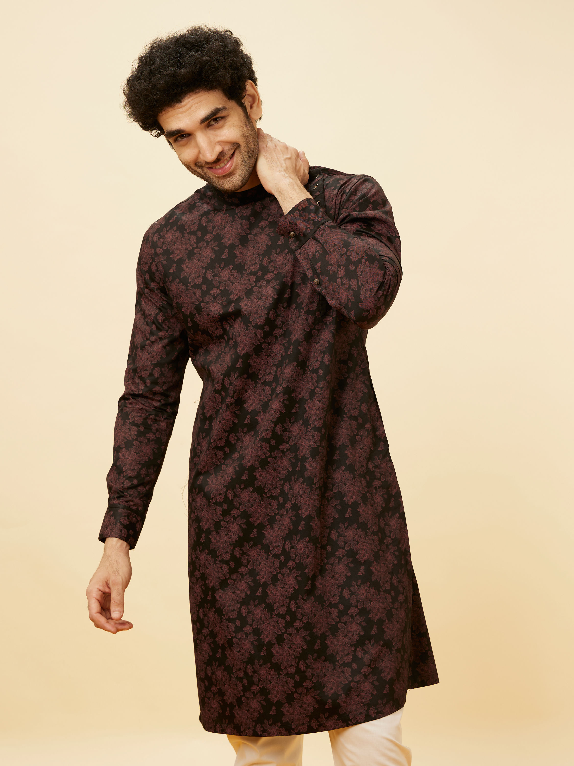 Manyavar Men Kohl Black Angrakha Style Floral Printed Kurta Set