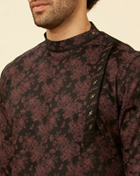 Manyavar Men Kohl Black Angrakha Style Floral Printed Kurta Set