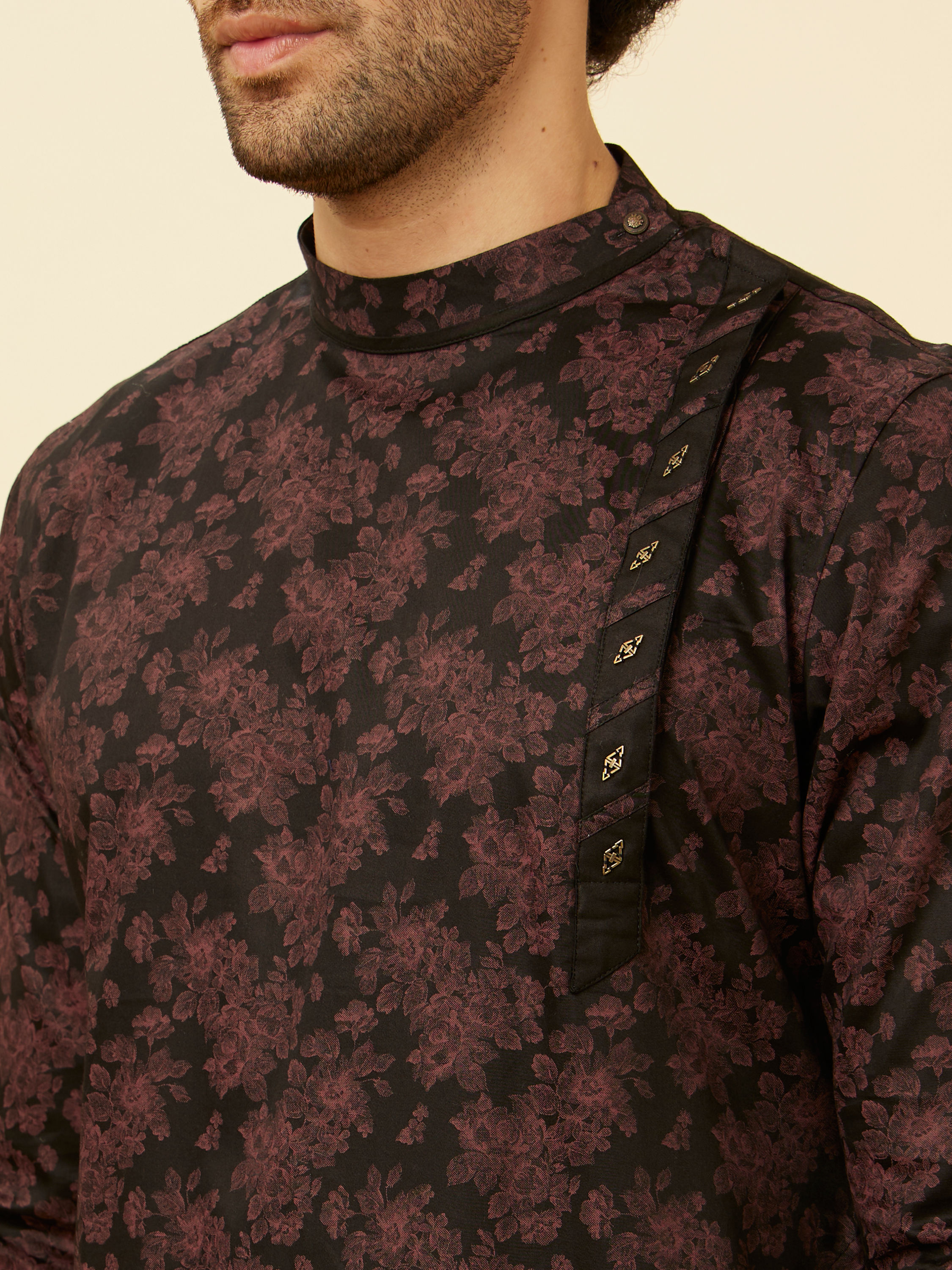 Manyavar Men Kohl Black Angrakha Style Floral Printed Kurta Set