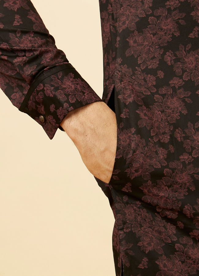 Manyavar Men Kohl Black Angrakha Style Floral Printed Kurta Set