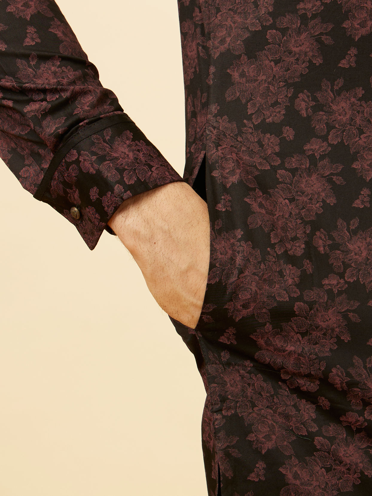 Manyavar Men Kohl Black Angrakha Style Floral Printed Kurta Set