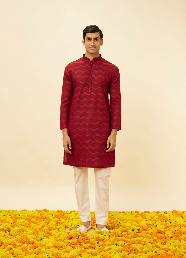Manyavar Men Maroon Wave Printed Kurta Set