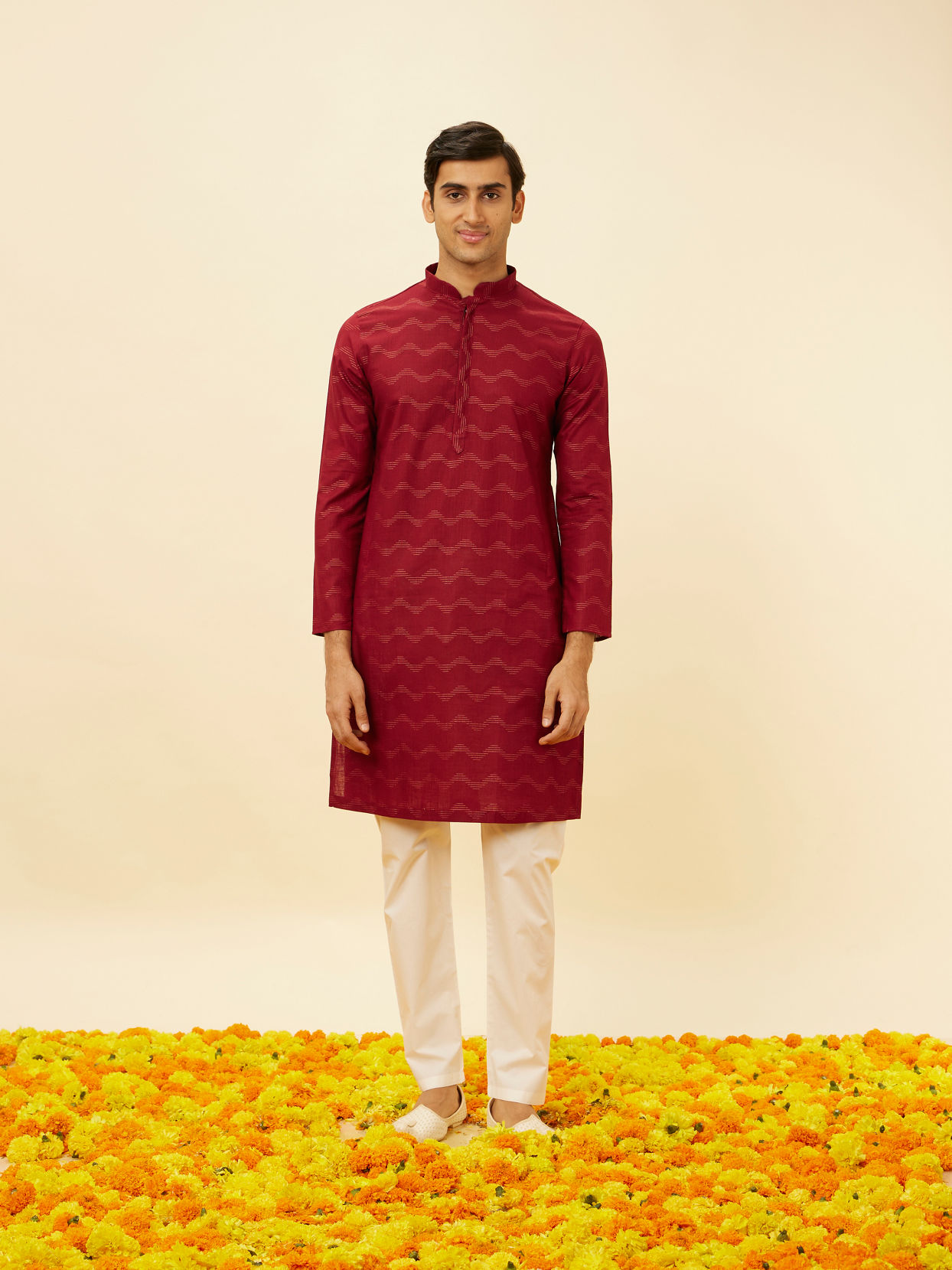 Manyavar Men Maroon Wave Printed Kurta Set