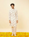 Manyavar Men Cream Angrakha Style Peacock Feather Printed Kurta Set