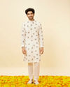 alt message - Manyavar Men Cream Angrakha Style Peacock Feather Printed Kurta Set image number 2