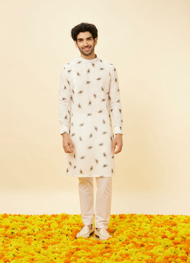 Manyavar Men Cream Angrakha Style Peacock Feather Printed Kurta Set
