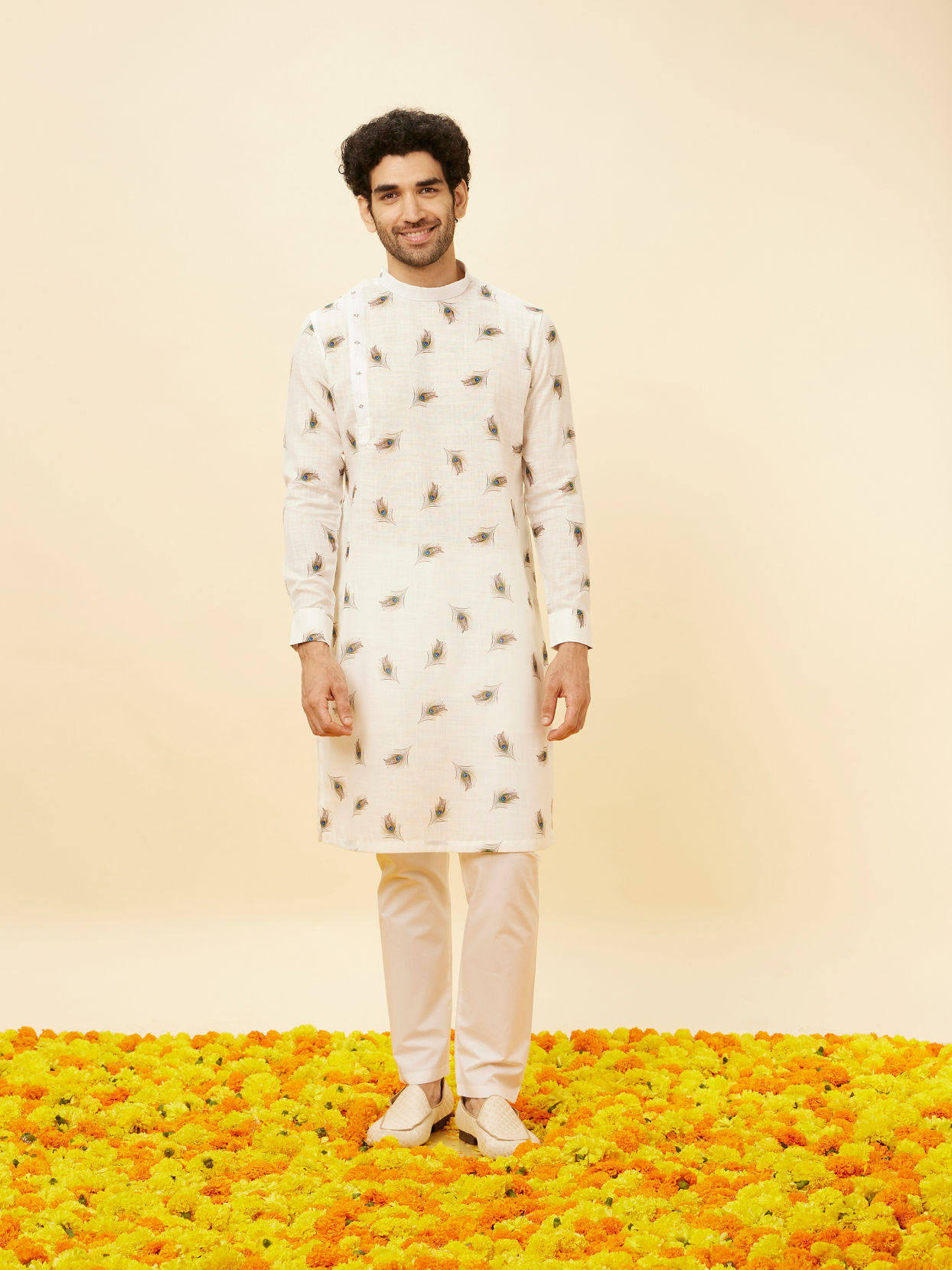 alt message - Manyavar Men Cream Angrakha Style Peacock Feather Printed Kurta Set image number 2