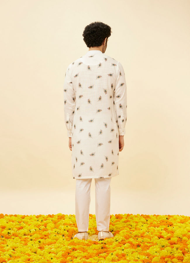 Manyavar Men Cream Angrakha Style Peacock Feather Printed Kurta Set