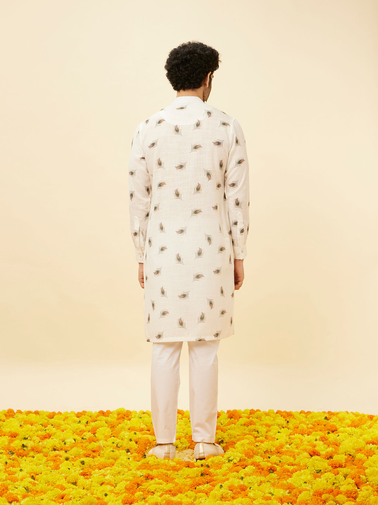 Manyavar Men Cream Angrakha Style Peacock Feather Printed Kurta Set