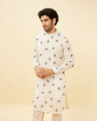 Manyavar Men Cream Angrakha Style Peacock Feather Printed Kurta Set